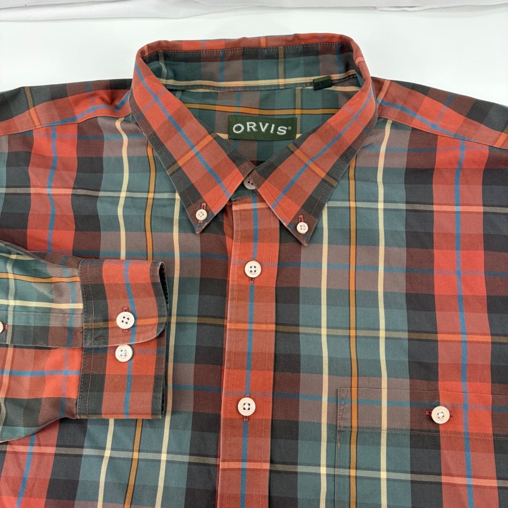 Orvis Mens XXL Plaid Button Down Shirt Red Green Cotton Long Sleeve Pocket - Picture 1 of 9